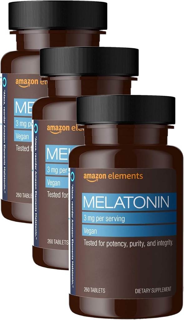 Amazon Elements Melatonin 3mg, Helps with Occasional sleeplessness, Vegan, Unflavored, 260 Tablets, 8 Month Supply (Packaging May Vary) (Pack of 3)