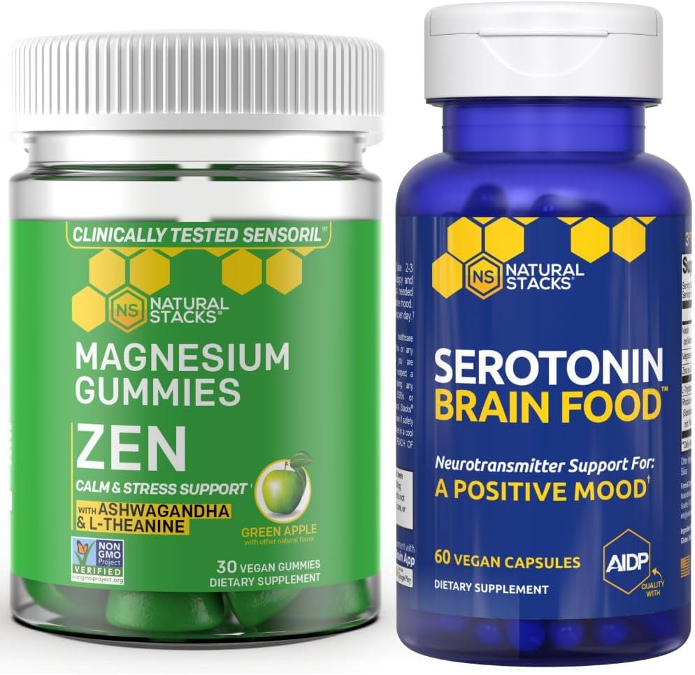 NATURAL STACKS Zen Magnesium Citrate Gummies + Serotonin Brain Food Bundle - Supports a Positive Mood & Stress Relief - 90 Pieces