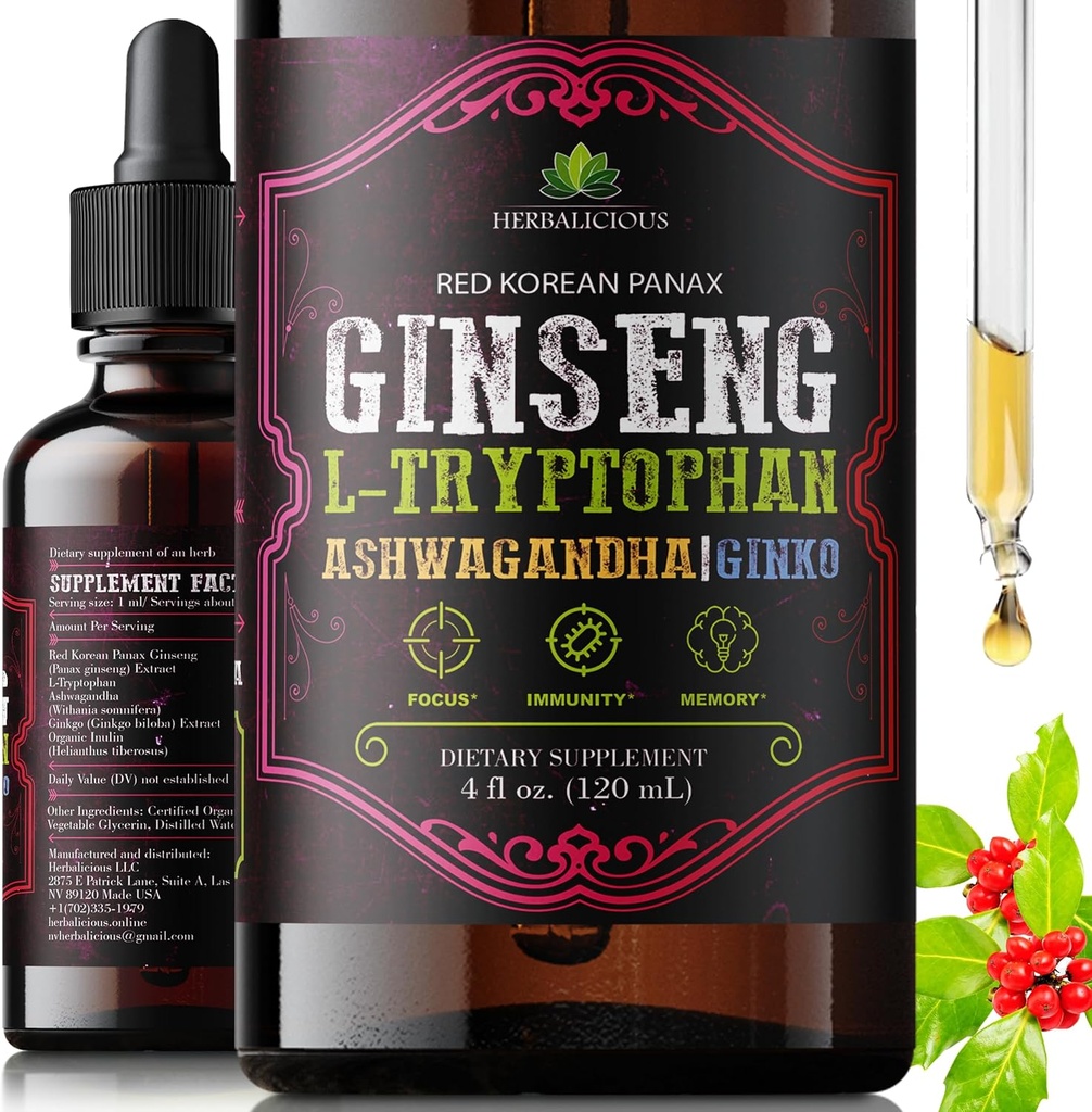 Ginseng L-Tryptophan Liquid with Ashwagandha, Ginkgo & Red Korean Panax – Herbal Dietary Supplement – Non-GMO Vegetarian Formula – 4 fl oz