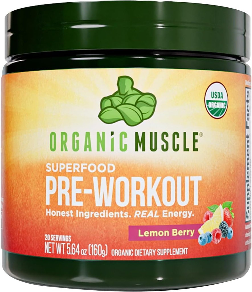 USDA Organic Pre-Workout Powder, Lemon Berry | Clean Energy Without Jitters | Natural Performance Boost | No Artificial Sweeteners | 20 Superfoods | Low Caffeine, 20 Servings