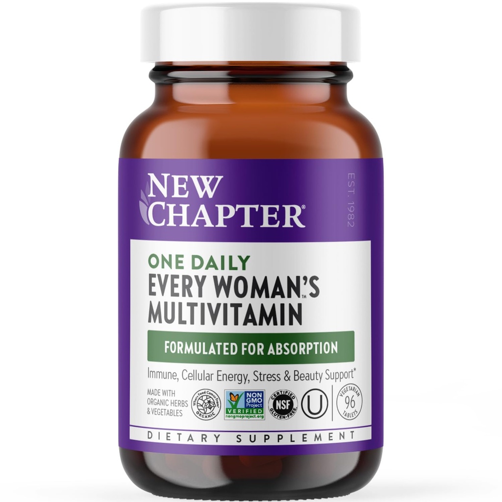 New Chapter Women’s Multivitamin, Iron, B6, B12, Biotin for Hair Growth, D3, Vit C, Zinc for Immune & Stress Support, Gentle on an Empty Stomach, One Daily, Non-GMO, Gluten-Free, 18+, 96 Tablets
