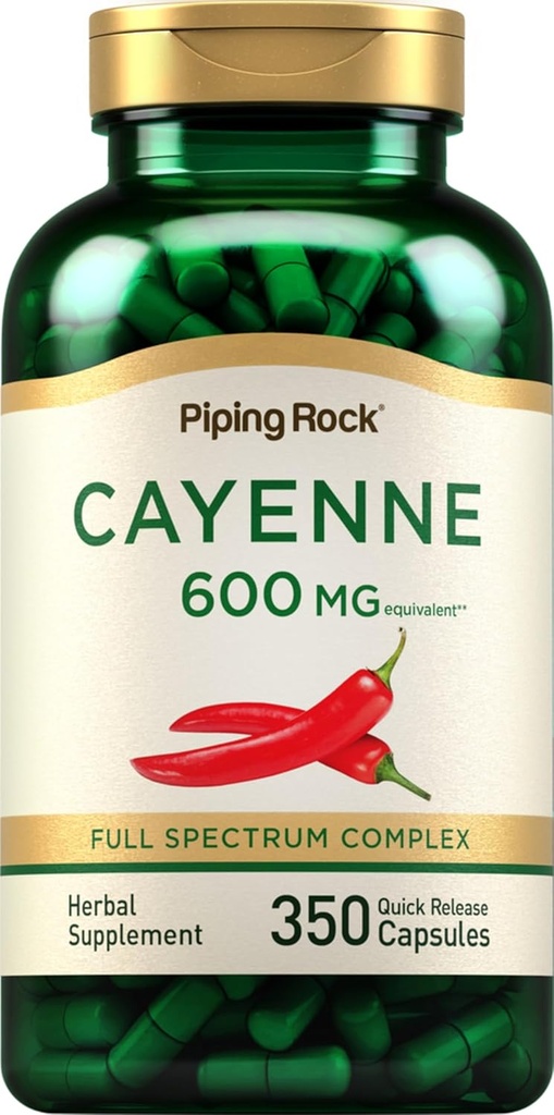Piping Rock Cayenne Pepper Capsules | 600mg | 350 Count | Extract Supplement for Men and Women | Non-GMO, Gluten Free