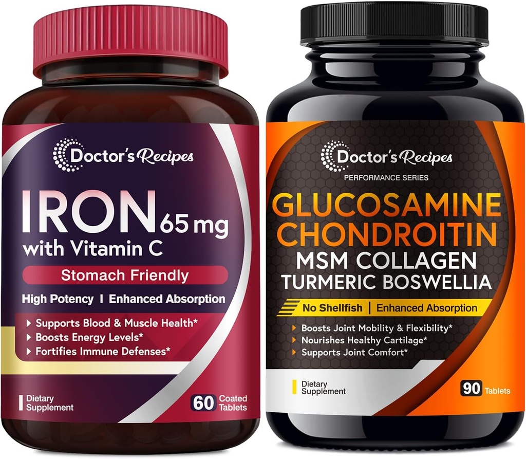 Doctor's Recipes Iron 65 mg & Glucosamine Chondroitin MSM Bundle, Healthy Iron Levels & Comfortable Joints, Iron Tablets 60 ct & Joint Support Tablets 90 ct