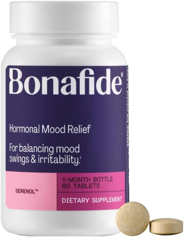 Serenol by Bonafide. Relief from Hormonal Mood Swings, Irritability, & PMS Bloating. — 1-Month Supply (60 Tablets)