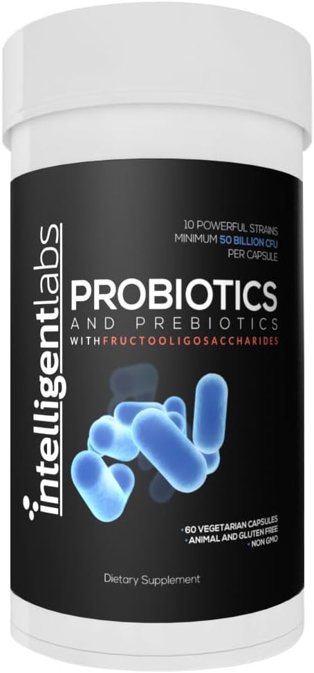 Intelligent Labs 50 Billion CFU Probiotic with Prebiotics, No Refrigeration Needed, with Sunfiber and FOS for 10x More Effectiveness, 60 Days Supply Per Bottle, Third-Party Verified for Purity