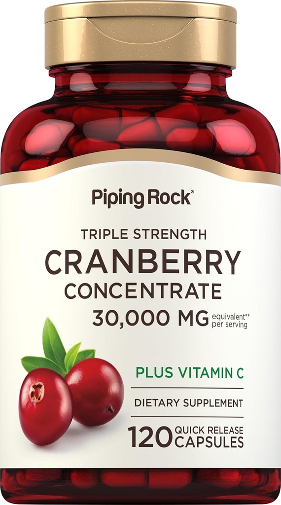 Piping Rock Cranberry Concentrate Pills with Vitamin C | 30,000 mg | 120 Capsules | Supplement for Women and Men | Triple Strength Concentrate Extract | Non-GMO, Gluten Free