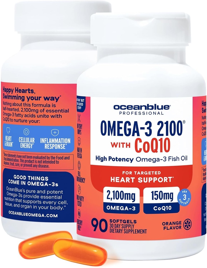Oceanblue Professional Omega-3 2100 with CoQ10 – 90 ct – 2 Pack – Triple Strength Fish Oil Supplement with High-Potency EPA and DHA, and CoQ10 – Orange Flavor (60 Servings)