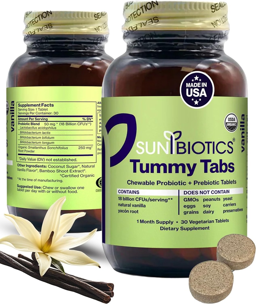 Tummy Tabs - Chewable Probiotic and Prebiotic Tablets with 18 Billion CFUs of 4 Probiotic Strains for Good Gut Flora, Immune System, & Balanced Microbiome - Vanilla, (Pack of 1)