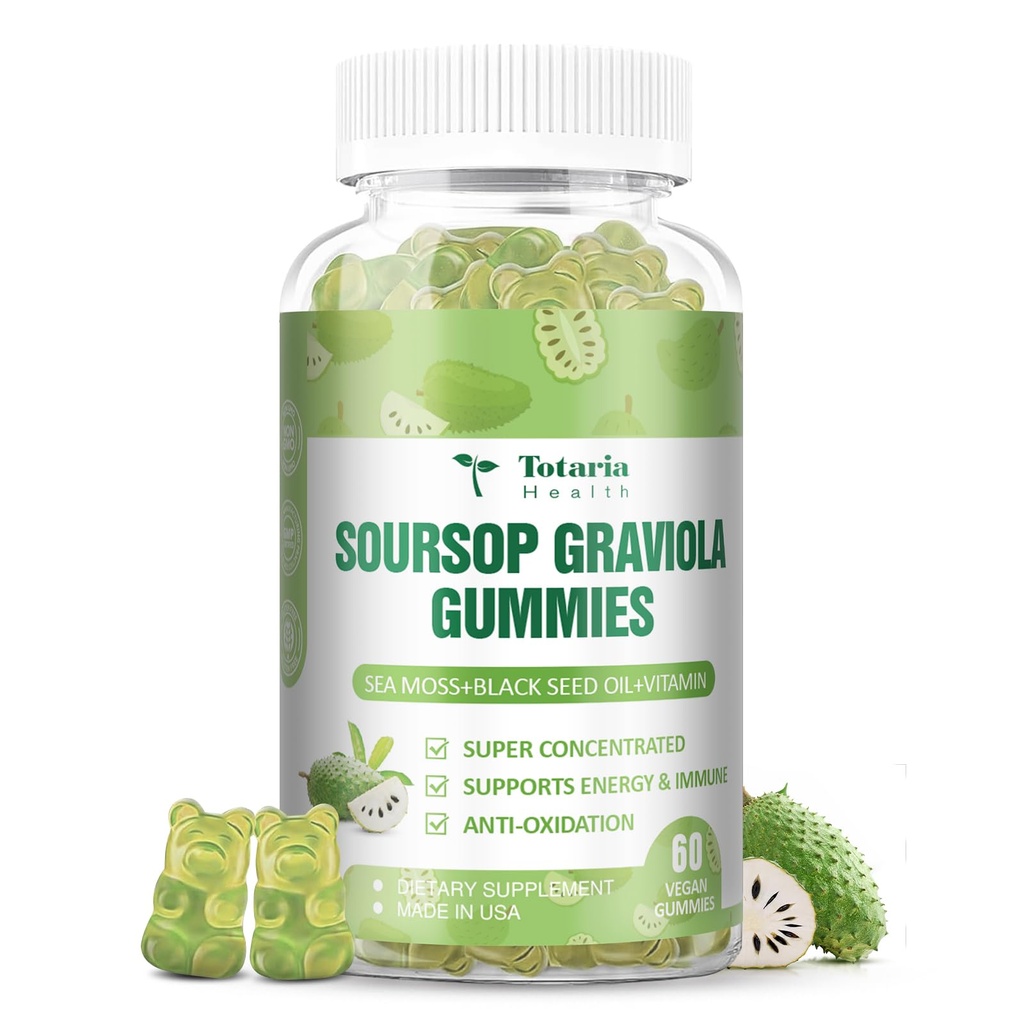 Totaria Sugar Free Soursop Oil Graviola Sea Moss Gummies - Support Digestive Sleep Skin Health, Immunity & Antioxidant - Guanabana Fruit with Sea Moss, 150mg Black Seed Oil Organic Non-GMO Vegan