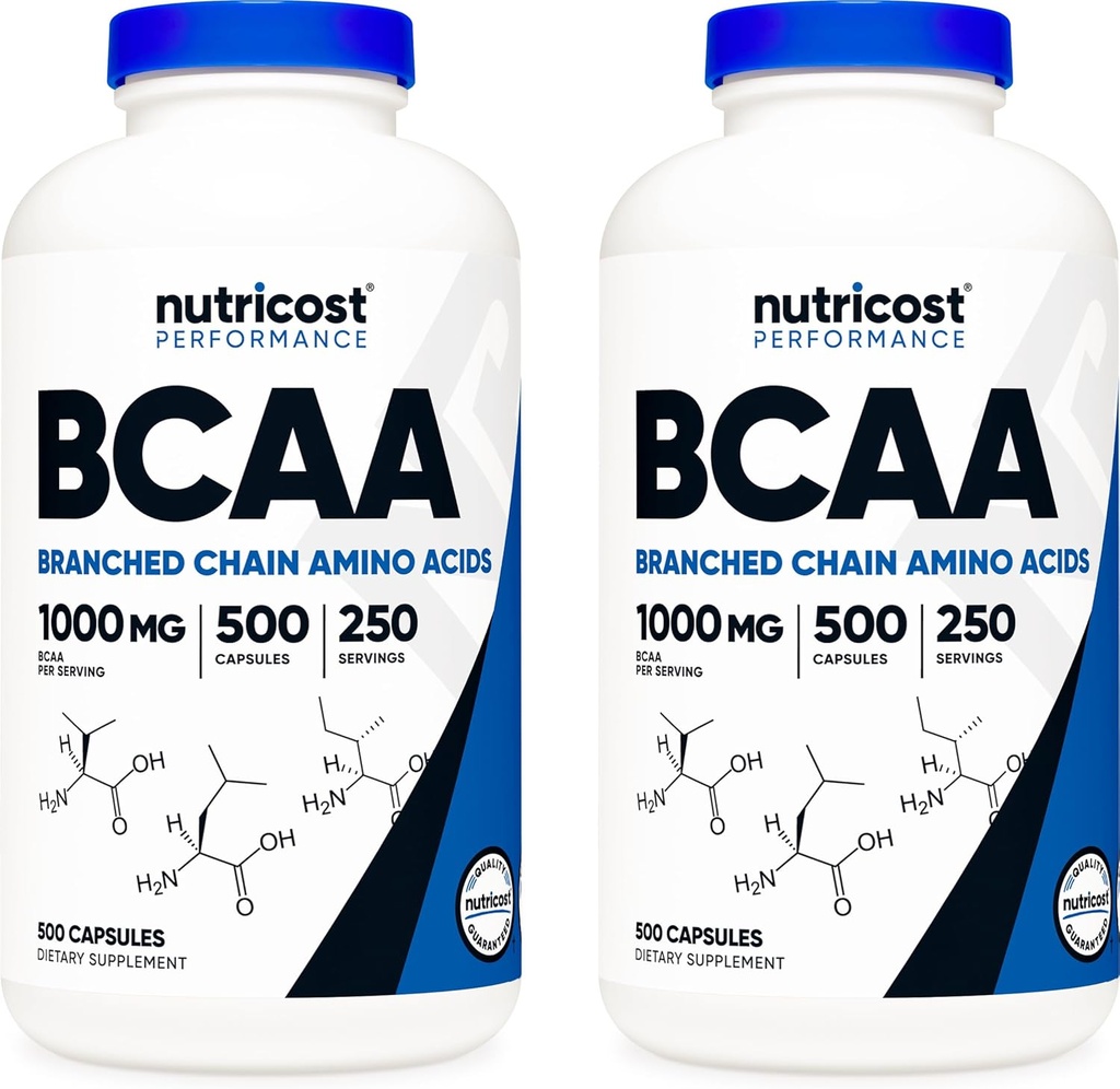 Nutricost BCAA 1000mg, 500 Capsules (250 Serv), 2:1:1 Branched Chain Amino Acids (500mg of L-Leucine, 250mg of L-Isoleucine and L-Valine) (2 Bottles)