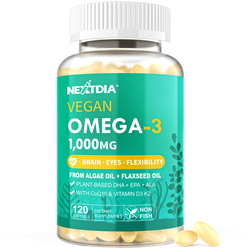 Vegan Omega 3 EPA DHA ALA Supplement + CoQ10, Vitamin D3 K2 (MK7) for Women Men | 1000mg Algae Oil as Fish Oil Alternative | Plant Based Omega 3 Mini Softgels for Bone, Brain, Eye, Skin | 120 Pills