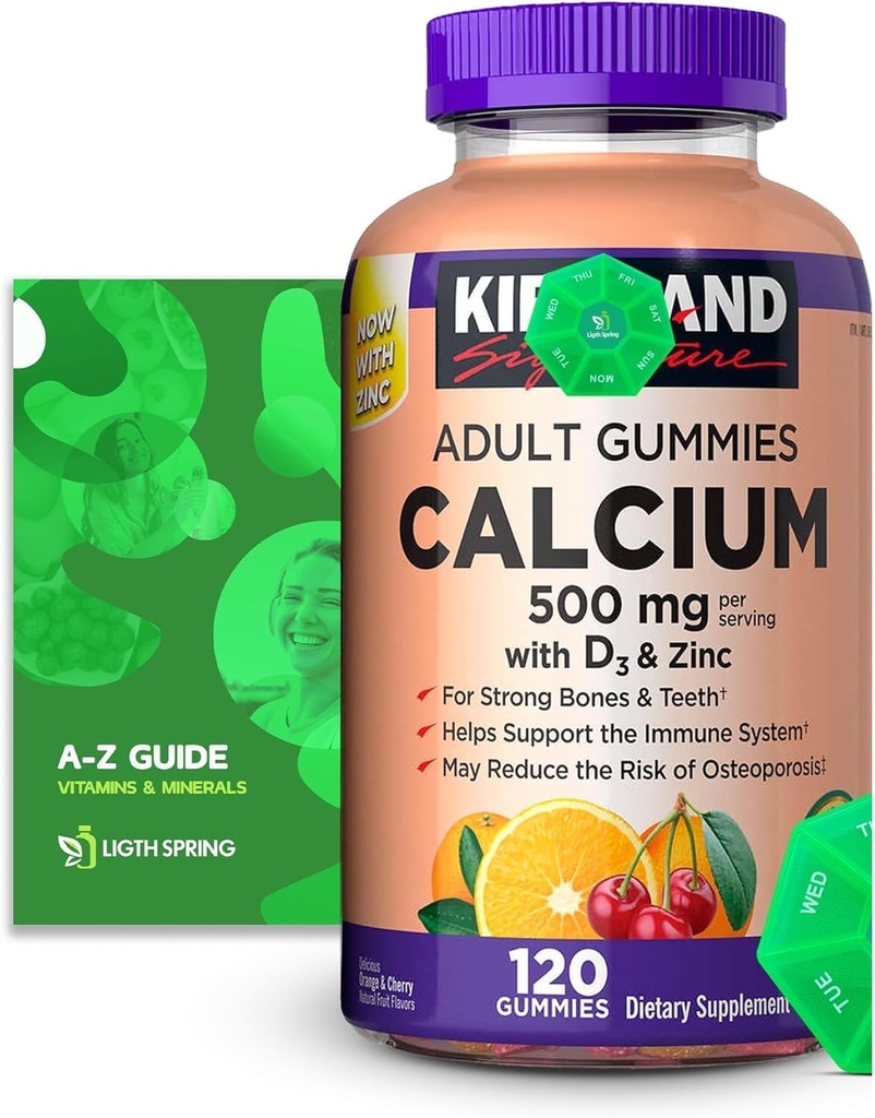 Calcium Gummies 500 mg with D3 & Zinc, 120 Gummies with Exclusive Better Ligth&Spring Guide