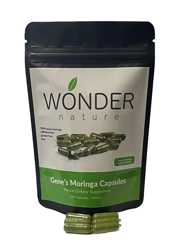 Gene's Moringa Fine Green Powder 100 Veg. Capsules, High Potency, Energy Focus and Alert, Increase Immune Systym