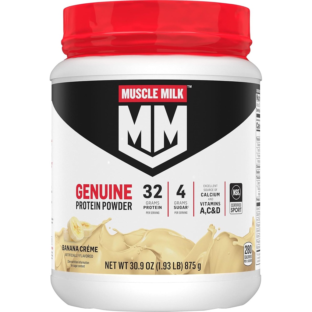 Muscle Milk Genuine Protein Powder, Banana Crème, 1.93 Pounds, 13 Servings, 32g Protein, 4g Sugar, Calcium, Vitamins A, C & D, NSF Certified for Sport, Energizing Snack, Packaging May Vary
