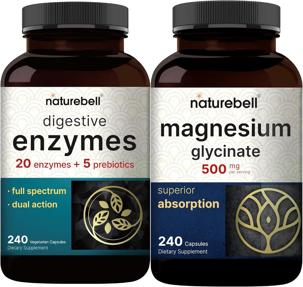 Magnesium Glycinate Capsules 500mg, 240 Count - 100% Chelated & Purified | Digestive Enzymes with Prebiotics, 240 Veggie Capsules - 20 Enzyme & 5 Prebiotic Pancreatic Complex