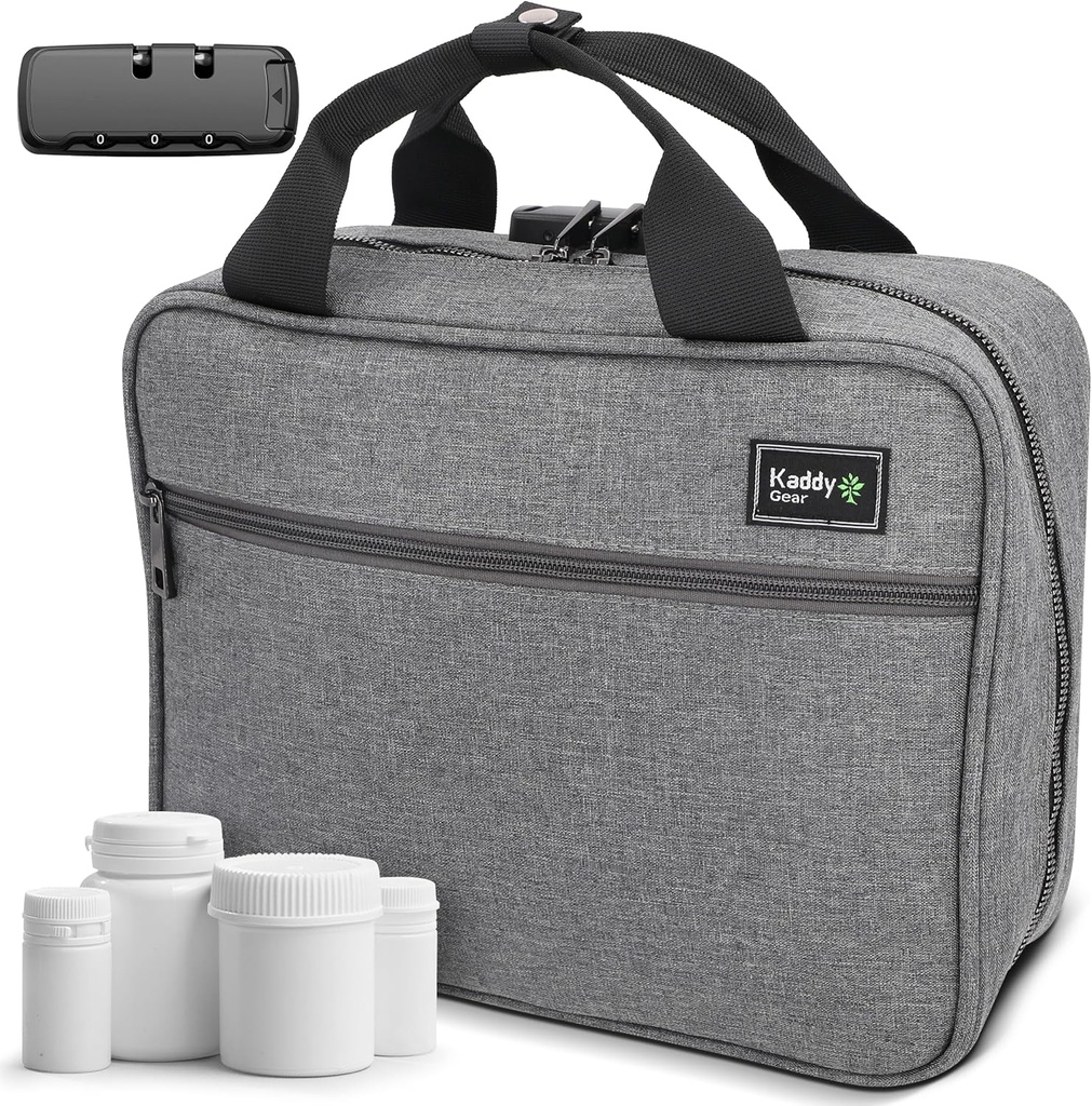 Kaddy Large Medicine Bag, Secure, Padded, Pill Organizer Box, Case for Bottles of Medicine or Supplements; Storage; Toiletry; 3 Digit Lock, Grey