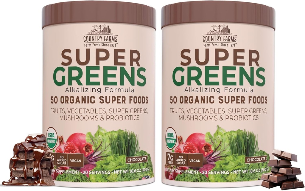 COUNTRY FARMS Super Greens Chocolate Flavor, 50 Organic Super Foods, USDA Organic Drink Mix, Fruits, Vegetables, Super Greens, Mushrooms & Probiotics, Supports Energy, 40 Servings, 10.6 Oz, 2 Pack