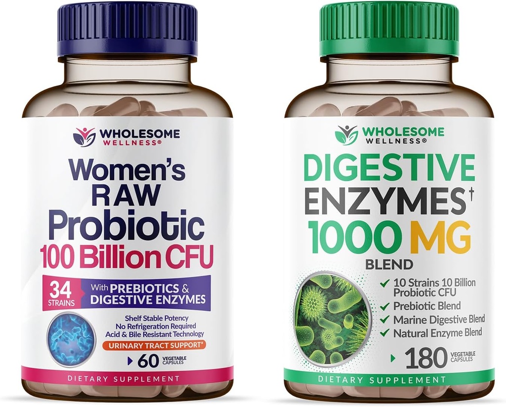 Wholesome Wellness Dr. Formulated Raw Probiotics for Women 100 Billion CFUs + Digestive Enzymes 1000MG Plus Prebiotics & Probiotics Supplement Bundle