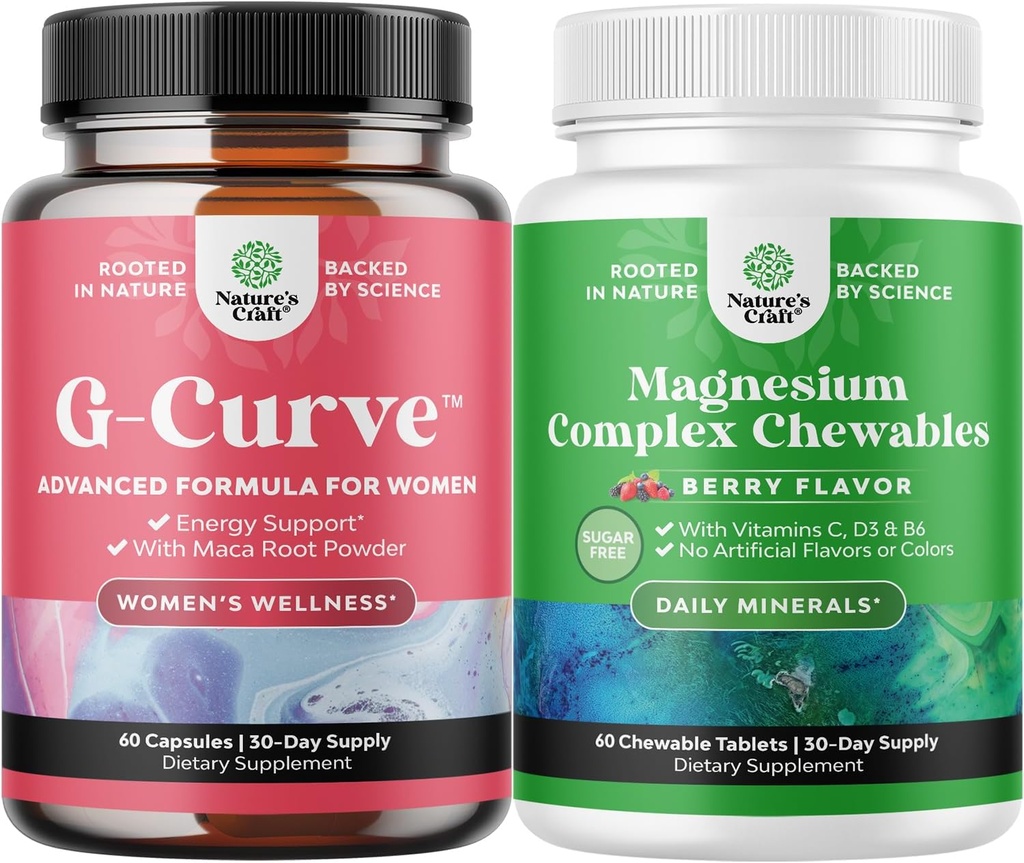 Bundle of Natures Craft G-Curve Butt and Breast Enhancement Pills and Sugar Free Magnesium Glycinate Chewable - Chewable Magnesium for Adults & Kids with Glycinate Taurate