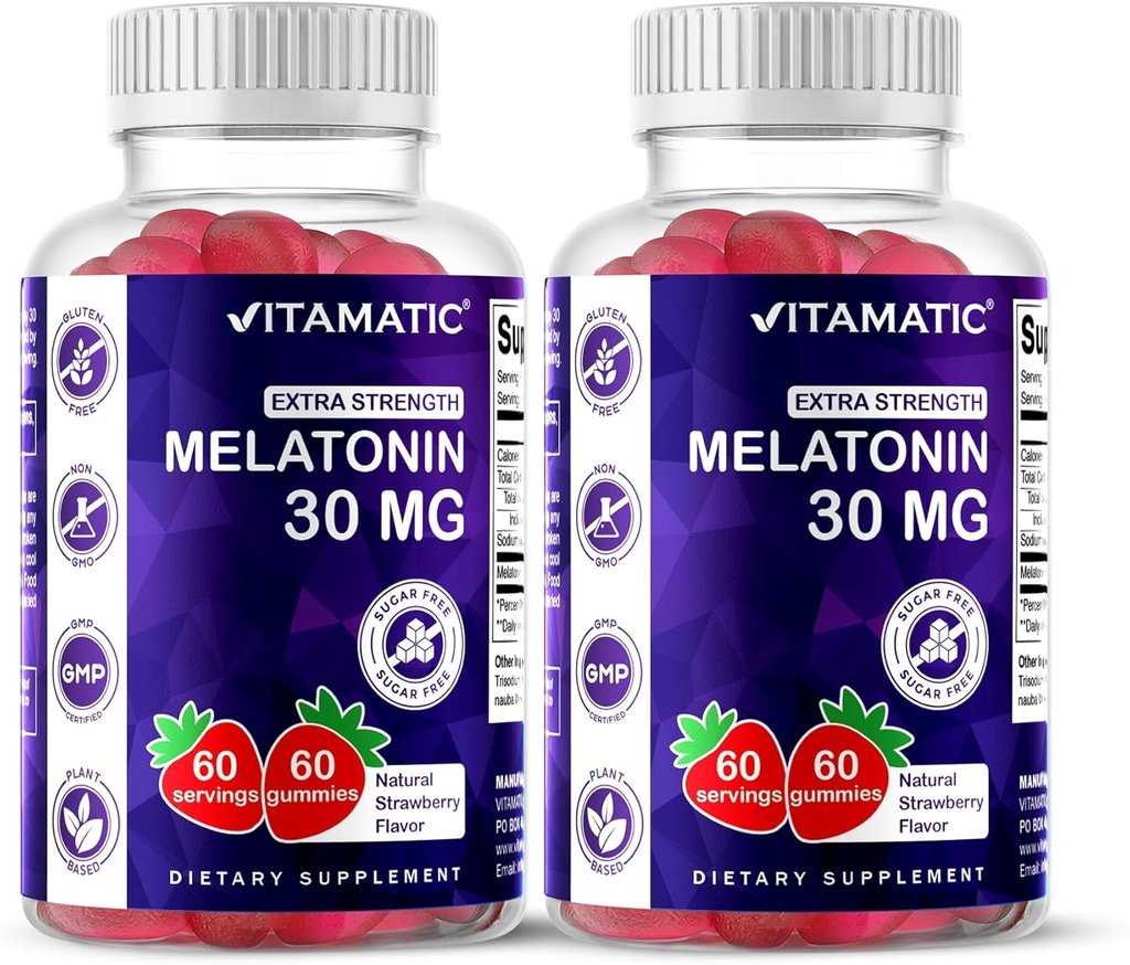 Vitamatic Sugar Free Melatonin 30mg per Gummy - 60 Servings - 60 Vegetarian Gummies - Non-Habit Forming Supplement (60 Count (Pack of 2))