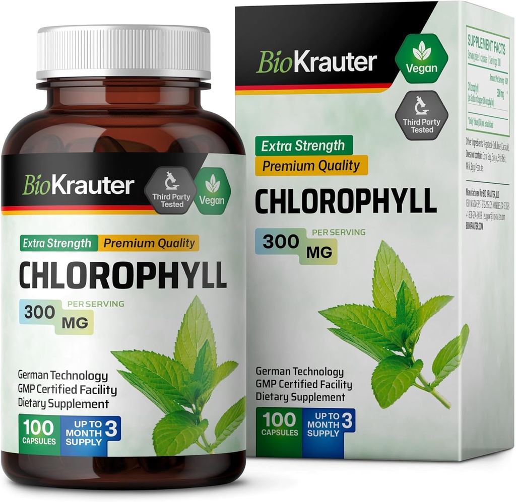 BIO KRAUTER Chlorophyll Capsules - Internal Deodorant and Detox Supplement - Vegan Immune Support Caps - 3 Months Supply