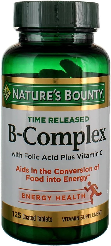 Vitamin B-Complex by Nature's Bounty, Time Released Vitamin Supplement w/ Folic Acid Plus Vitamin C, Supports Energy Metabolism and Nervous System Health, 125 Tablets (Pack of 3)