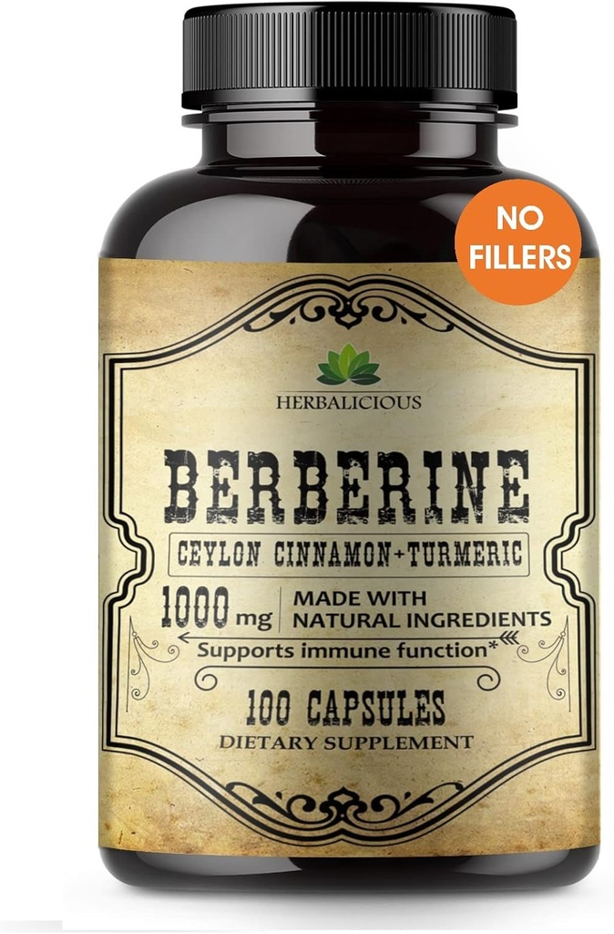 Berberine Capsules Ceylon Cinnamon & Turmeric - Berberine HCL Dietary Supplement for Men and Women – Non GMO Berberine 1000mg – Ideal for Immune Support, Heart, Cholesterol Level