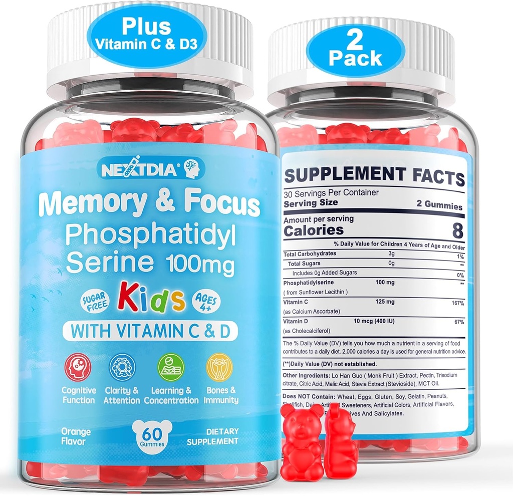 Phosphatidylserine Supplement 100mg, Focus Gummies for Kids Teens + Vitamin C & D3 400IU, Sugar Free Kids Brain Gummies Increase Attention & Concentration, Chewable, Vegan, Gluten Free, Non-GMO 2 Pack