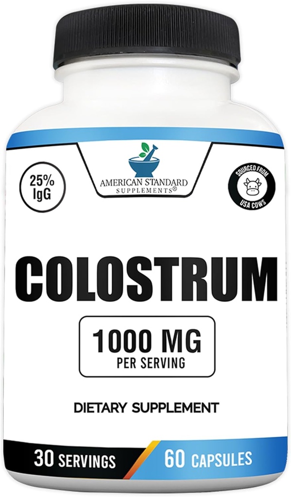 American Standard Supplements Colostrum Capsules - 1000mg Per Serving, 60 Capsules, USA Sourced Cow Colostrum, Standardized to 25% Immunoglobulins (IgG)