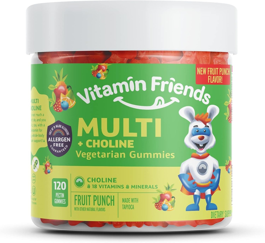 Vitamin Friends - Vegetarian Multivitamin & Choline for Kids - Daily Nutritional Support Gummies w/Vitamin C, D, E, A, B6, Zinc, Folic Acid, Choline, Selenium, Niacin, Thiamin, Biotin (30 Day Supply)