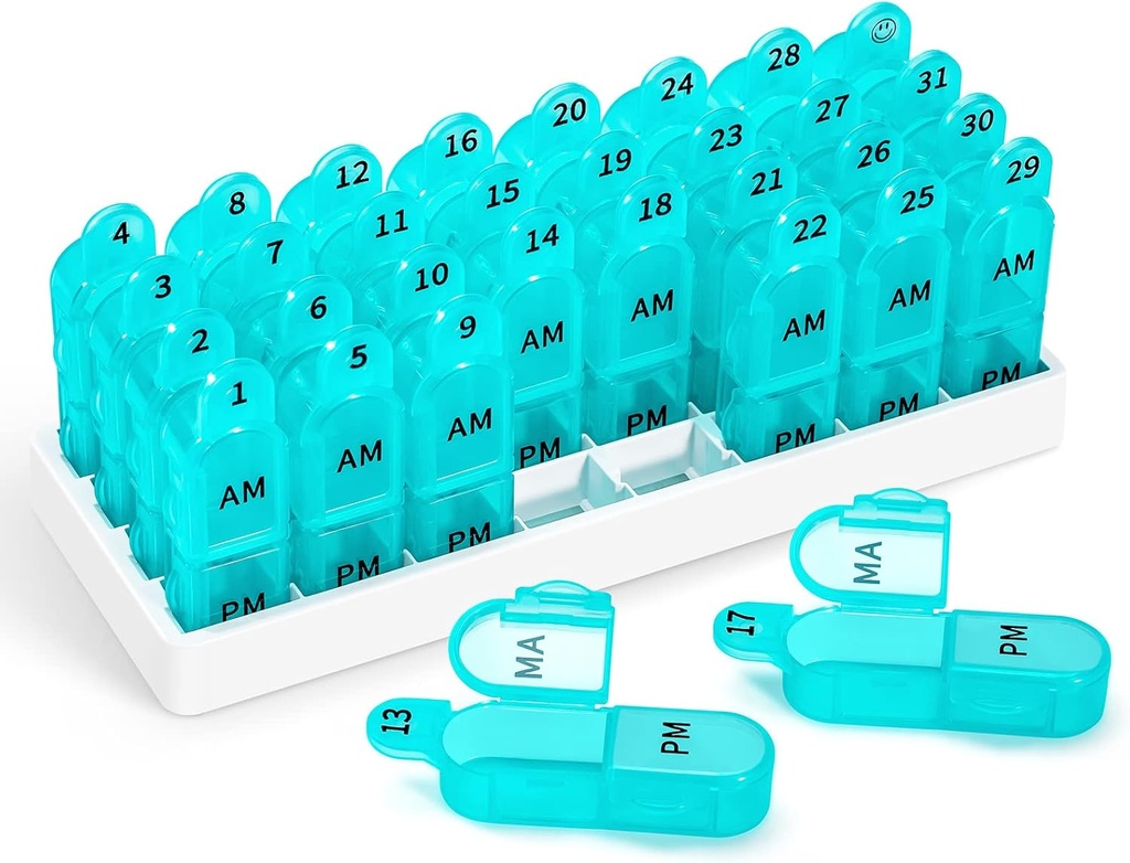Zoksi Monthly Pill Organizer 2 Times a Day, 30 Day Pill Box Organizer Am Pm, Daily Pill Case with 32 Large Compartments for Each Day, Portable Travel Pill Container for Vitamins and Medicine(Cyan)