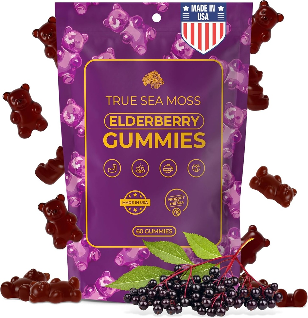 Sea Moss Elderberry Gummies for Adults & Kids - Magnesium, Burdock Root & Bladderwrack – Supports Immune, Boost Energy, Skin & Hair Health, Detox – Made in USA - 60 Vegan Gummies