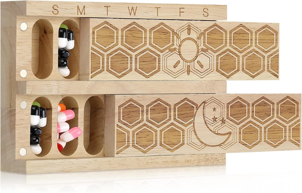 Chengu Wood 7 Day Weekly Pill Organizer Vitamin Dispenser Wooden Pill Case Container Box for Vitamin Fish Oil Pills Supplements, Arthritis Friendly, Outdoor Travel