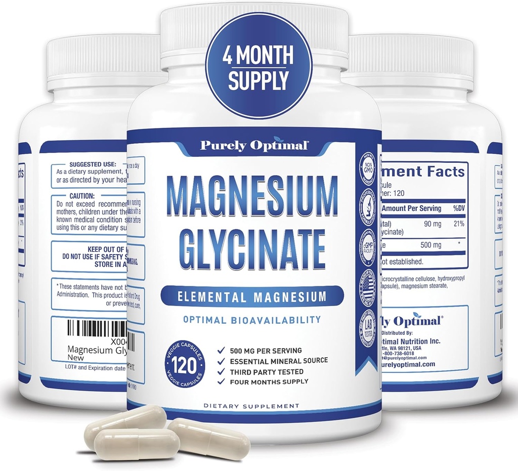 Purely Optimal Pure Magnesium Glycinate 500mg – Sleep Support & Stress Relief – Gentle, High Absorption Capsules for Muscle Relaxation & Calm – Third Party Tested, 120 Capsules