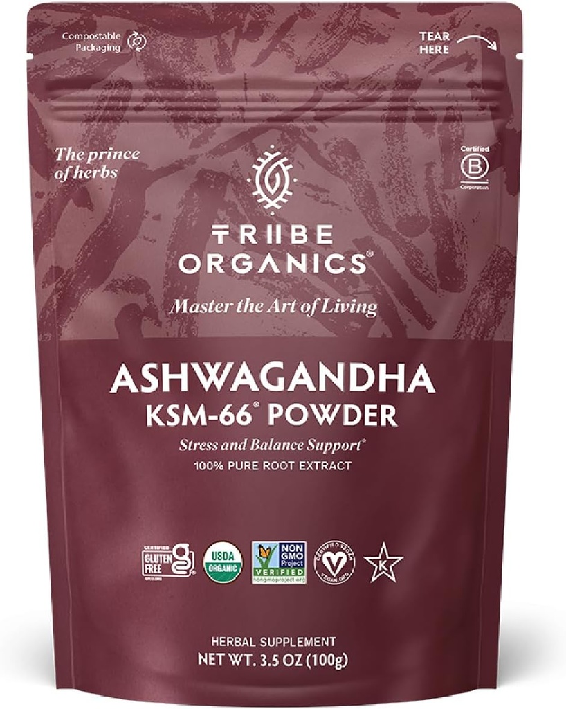 TRIBE ORGANICS KSM-66 Ashwagandha Root Extract Powder Ayurvedic Herb for Mood Support | Increase Energy | Strength - Organic | Natural | Gluten Free | Non GMO | Full-Spectrum - 100g Pouch