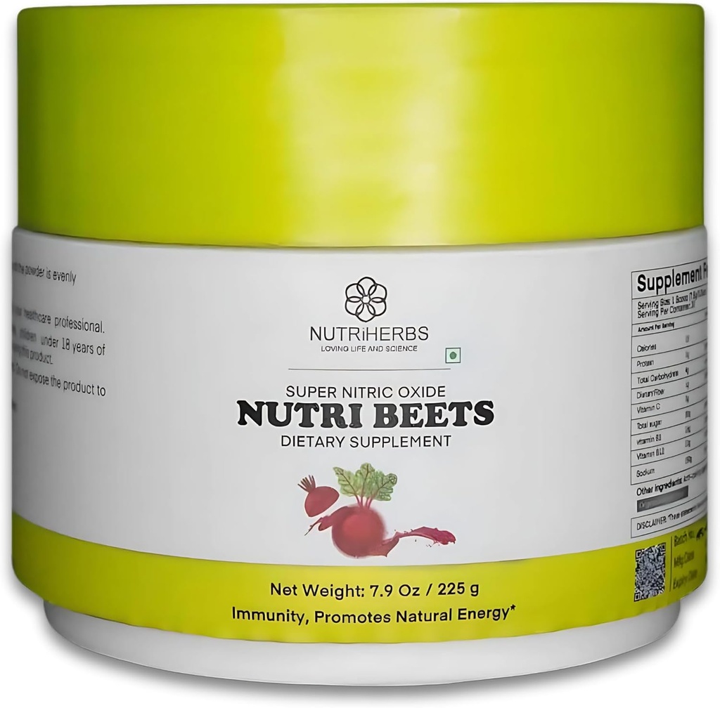 Super Nitric Oxide Nutri Beets - 225g | Organic Beet Root Powder, Pomegranate & Red Spinach for Heart Health, Energy & Blood Pressure Support | Cardiovascular Booster | 30 Servings