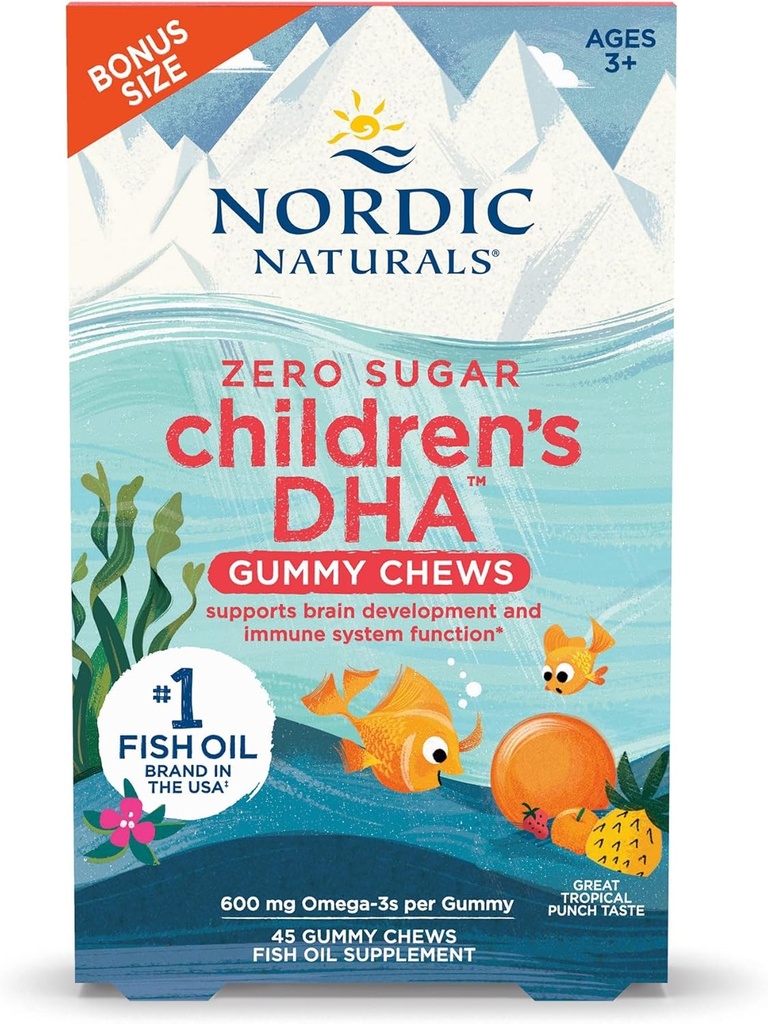 Nordic Naturals Zero Sugar Children’s DHA Gummy Chews, Tropical Punch - 45 Gummy Chews for Kids - 600 mg Total Omega-3s - Brain Development, Learning, Healthy Immunity - Non-GMO - 45 Servings