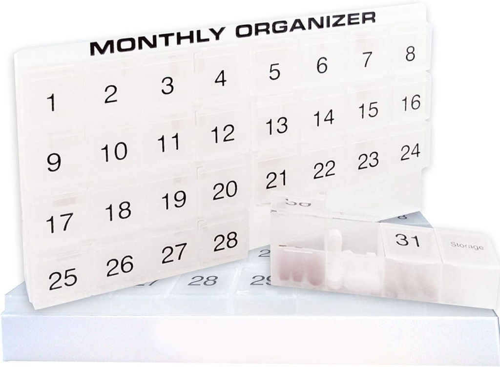 31 compartments, 1 per Day, 4 Week Monthly Pill Organizer by Promed. Includes Tray and 8 Removable compartments. (White)