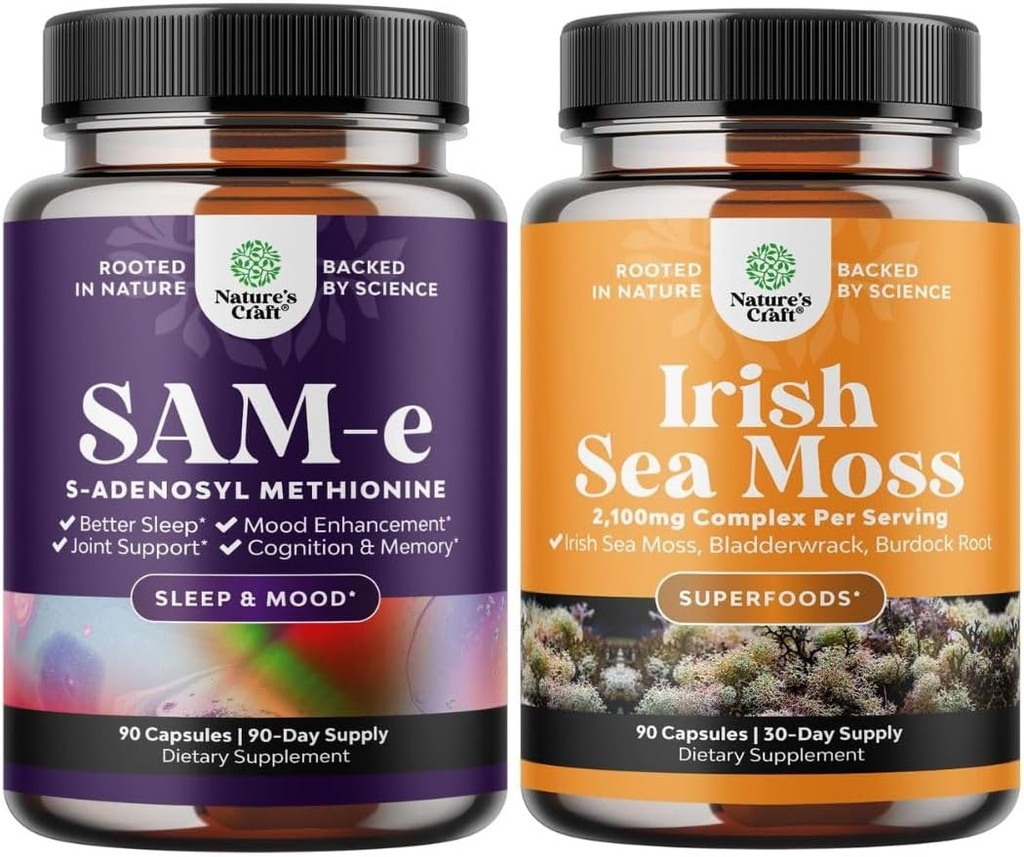 Bundle of Pure SAM-E Nootropic Brain Supplement and Organic Irish Sea Moss Capsules -Immune Support and Mood Support Supplement - Sea Moss and Bladderwrack Capsules with Burdock Root Superfood Blend