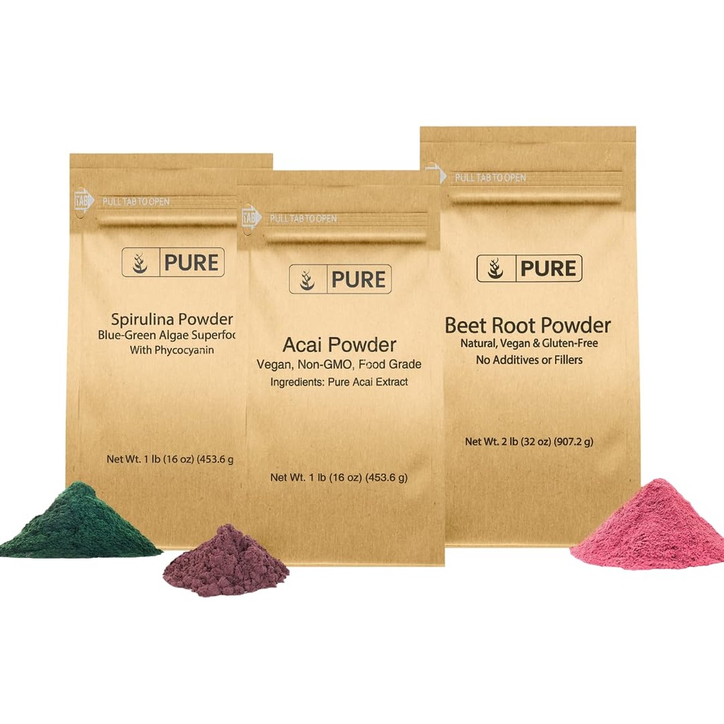 PURE ORIGINAL INGREDIENTS Beet Root, Spirulina, and Acai Powder Bundle, Various Sizes, Non GMO, Herbal Supplements