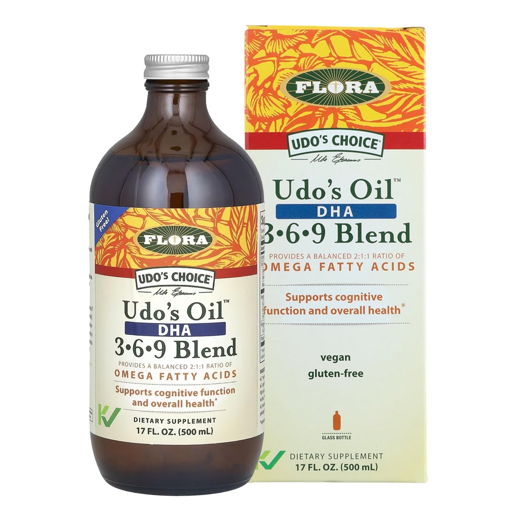 FloraHealth UDO’s Oil DHA 3•6•9 Blend, Vegan, 2:1:1, 17 fl. oz. Glass | Udo's Oil Balanced 2:1:1 Ratio of Omega Fatty Acids, Supports Cognitive Function & Overall Health, Glass Bottle
