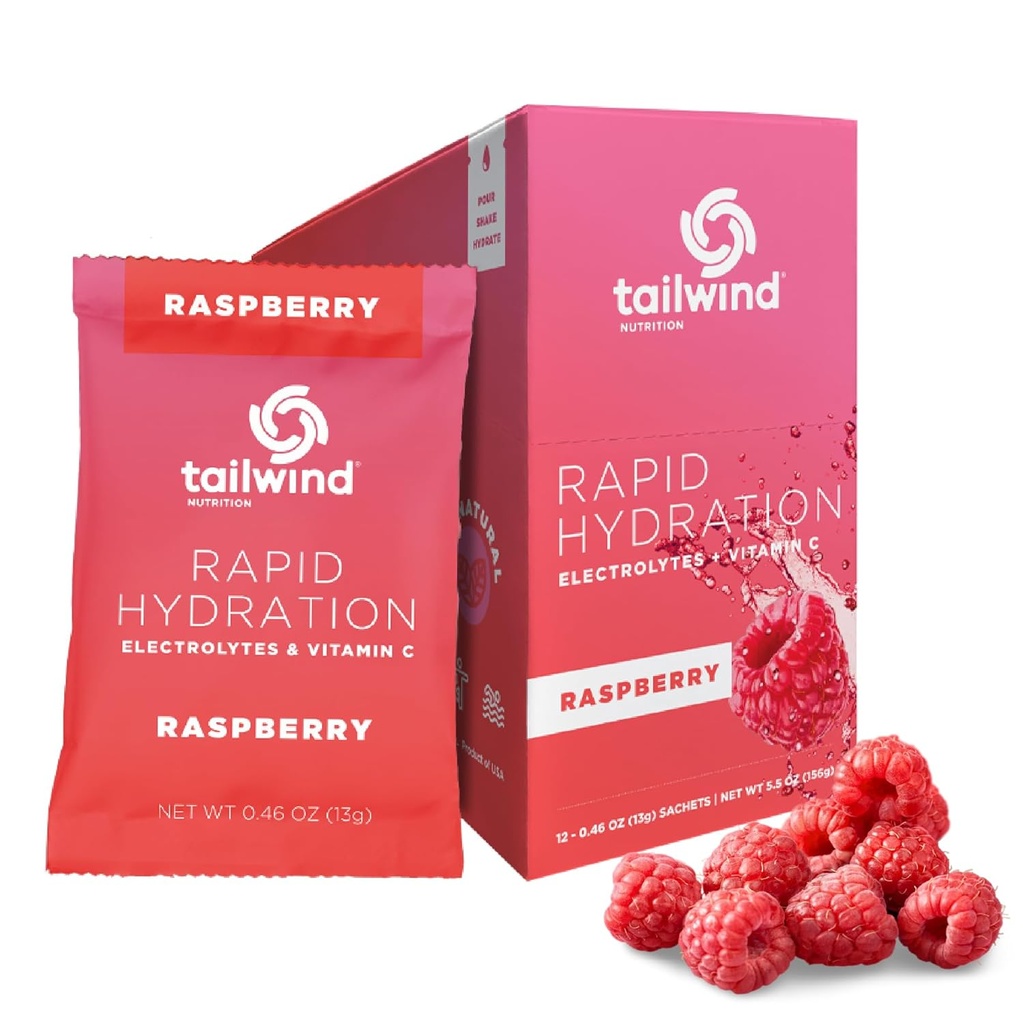 Tailwind Nutrition Rapid Hydration, Electrolyte & Hydration Powder, Vitamin C & Sea Salt Exercise Workout Mix, Raspberry, Pack of 12 Sticks
