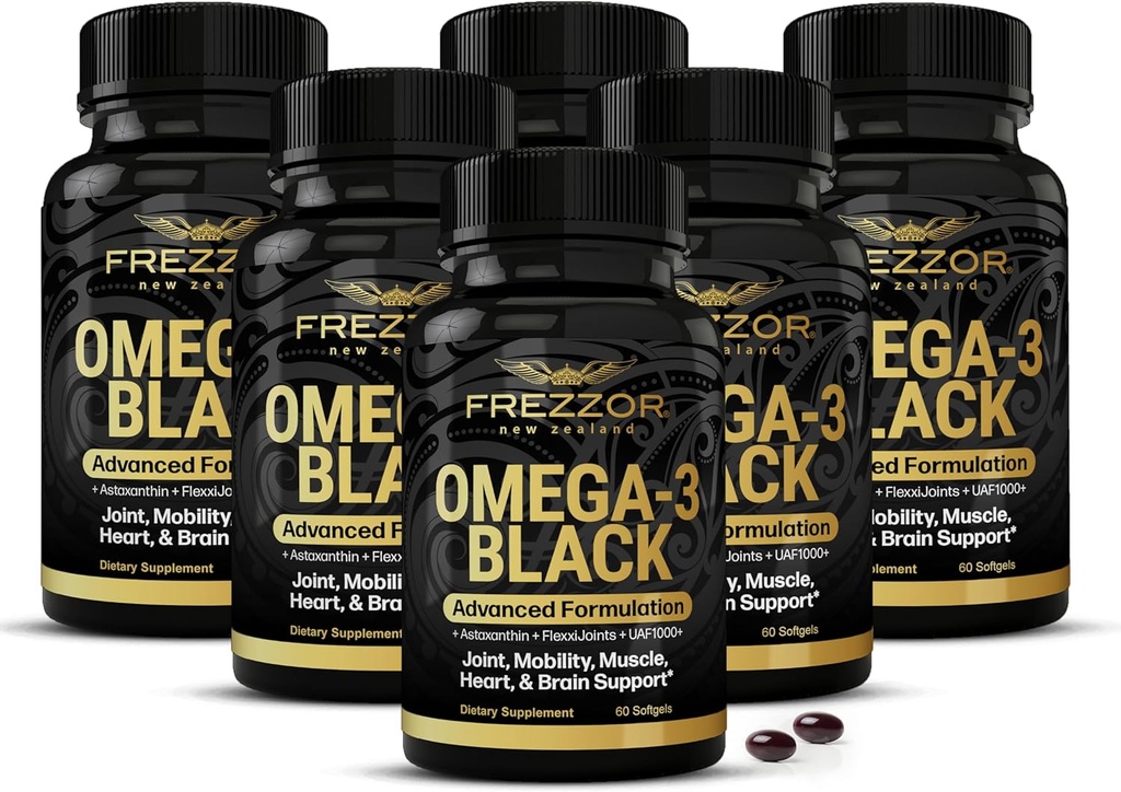 FREZZOR Omega 3 Black for Joint Care & Comfort - New Zealand Green Lipped Mussel Oil Capsules; 53x Higher Potency with UAF1000+ Super Antioxidant, No Fishy Aftertaste, 450mg, 6-Pack, 360 Softgels