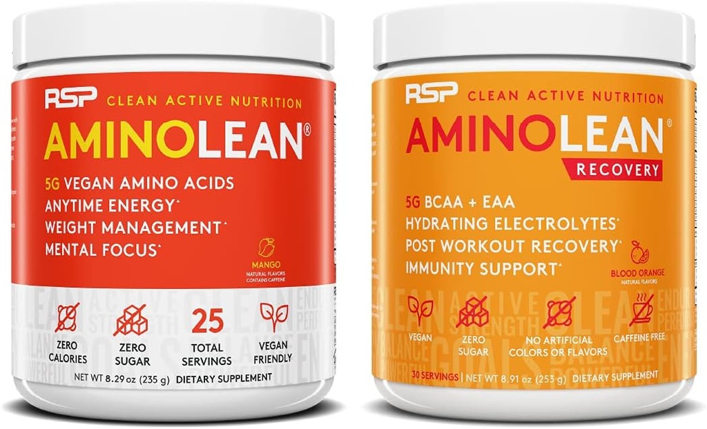 RSP NUTRITION Vegan AminoLean Pre Workout Energy (Mango 25 Servings) with AminoLean Recovery Post Workout Boost (Blood Orange 30 Servings)