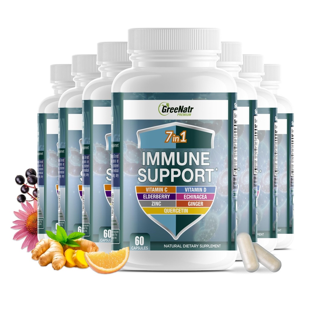 GreeNatr 7 in 1 Immune Support Supplement with Vitamin C, Vitamin D3, Zinc 50mg, Quercetin, Echinacea Purpurea, Sambucus Elderberry and Ginger for Complete Immune Defense - 60 Capsules (12 Bottles)