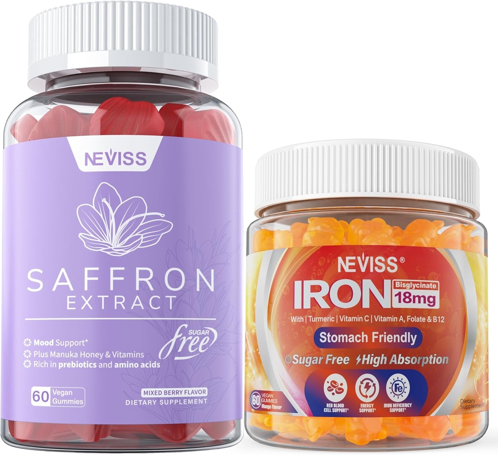 1Pack Saffron Supplement Gummies 100% Pure Saffron Extract Whole Herb Gummies + 2P Vegan Iron Gummies Supplement with Vitamin C, B12, Folate & Turmeric