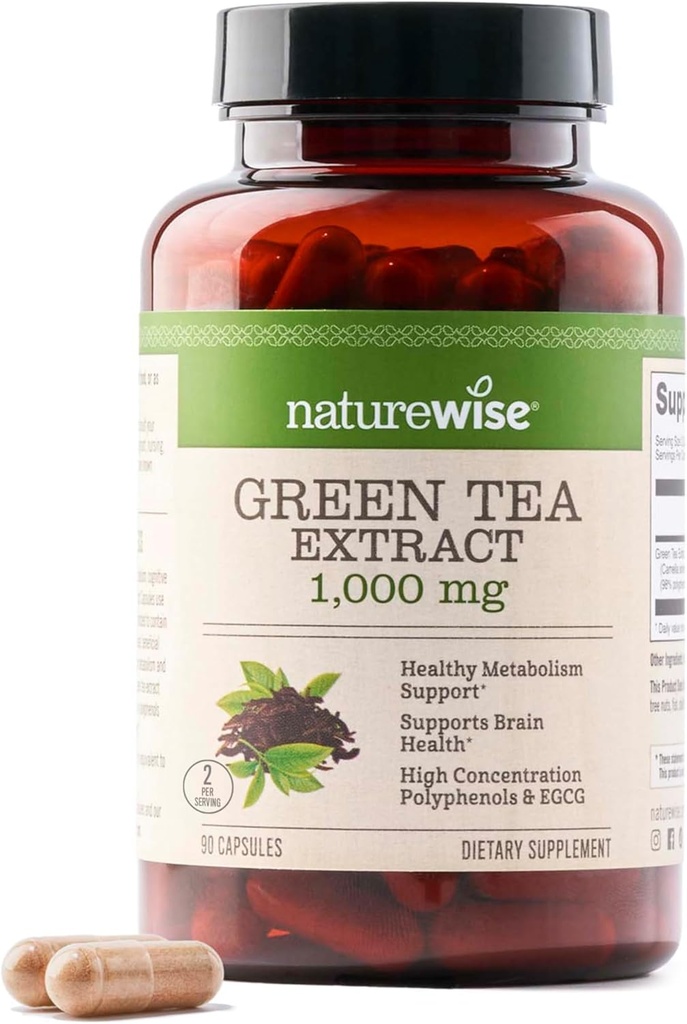 NatureWise Green Tea Extract Capsules 1000 mg - 50% EGCG & 98% Polyphenols - Extra Strength Green Tea Pills - Antioxidants for Heart Health & Energy - Vegan, Non-GMO - 90 Count[45-Day Supply]