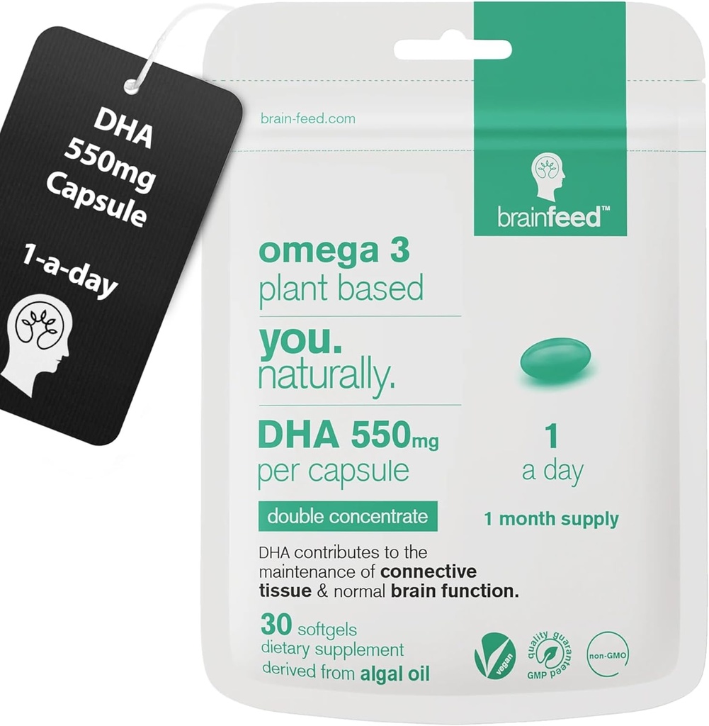Algae DHA Supplements (30) | 550mg Omega 3 DHA Per Algae Oil Capsule | 1-A-Day | Brain & Eye Health | Vegan DHA | 1 Month Supply