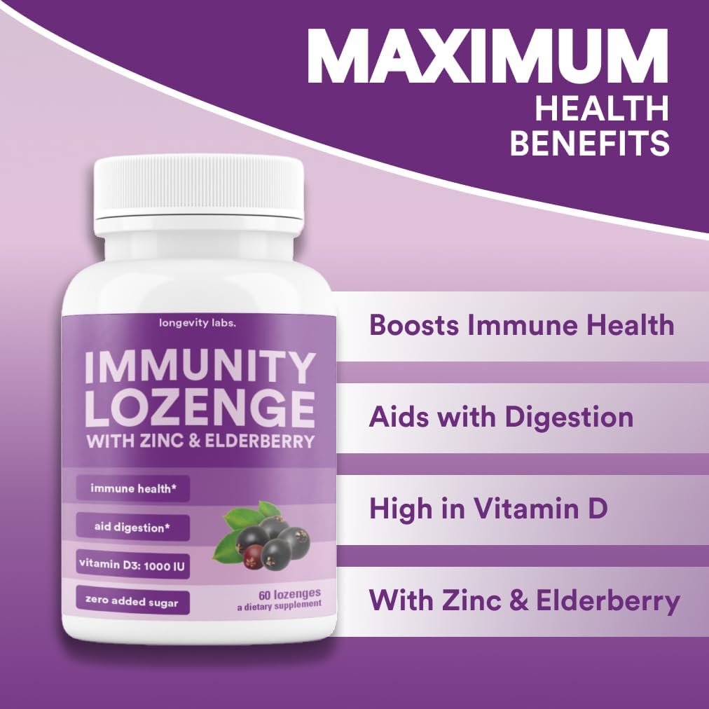 Immunity Lozenge w/Elderberry, Zinc & D3 | Immune Support Supplement for Men, Women & Kids | Non-GMO, Gluten & Caffeine Free | 60 Lozenges
