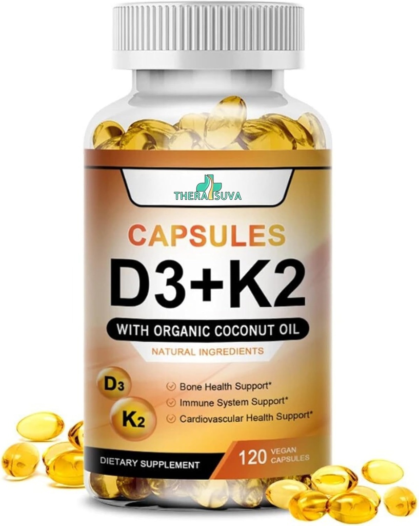 High Potency Vitamin D3 5,000 IU + K2 – Vegan, Non-GMO, with Organic Coconut Oil for Better Absorption – Bone & Heart Support – 120 Softgels (60-Day Supply)